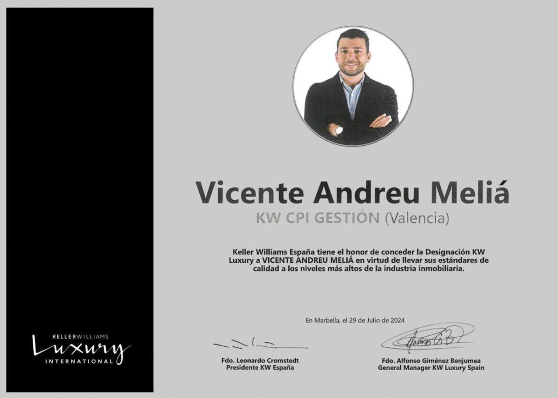 Certificado Keller Williams Luxury Vicente Andreu Meliá